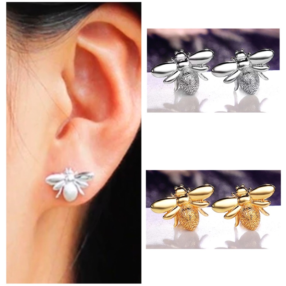 Women Small Stud Earrings Gold Tone Silver Tone Bee Stainless Steel NWOT